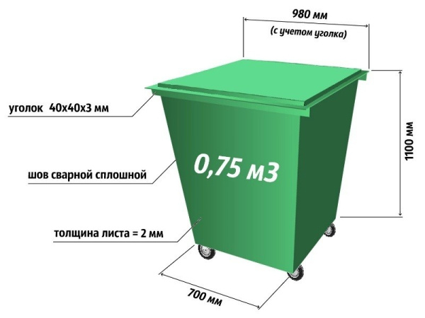 контейнер 0,75 м³ для тбо гост (с крышкой, на колесах) артикул 